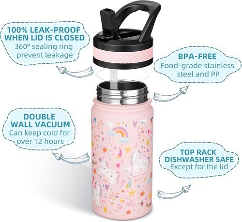 Fanhaw Kids Insulated Water Bottle - 14 Oz Stainless Steel, Leakproof & BPA Free | Pink Unicorn Fields