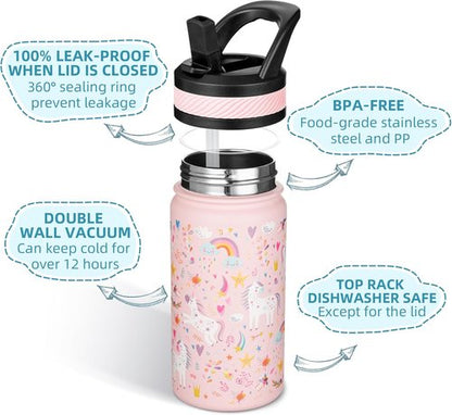 Fanhaw Kids Insulated Water Bottle - 14 Oz Stainless Steel, Leakproof & BPA Free | Pink Unicorn Fields