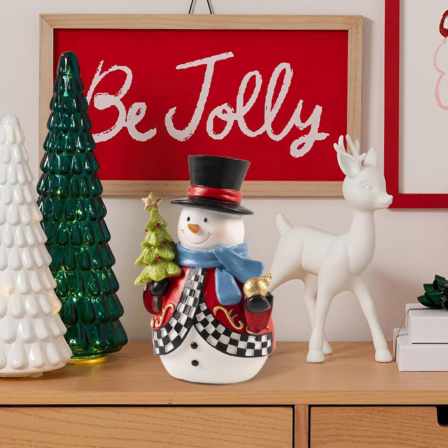 Snowman Figurines - 7.1x4.9 Inch Resin Black and White Checkered Christmas Decor | Indoor Holiday Tabletop Accent