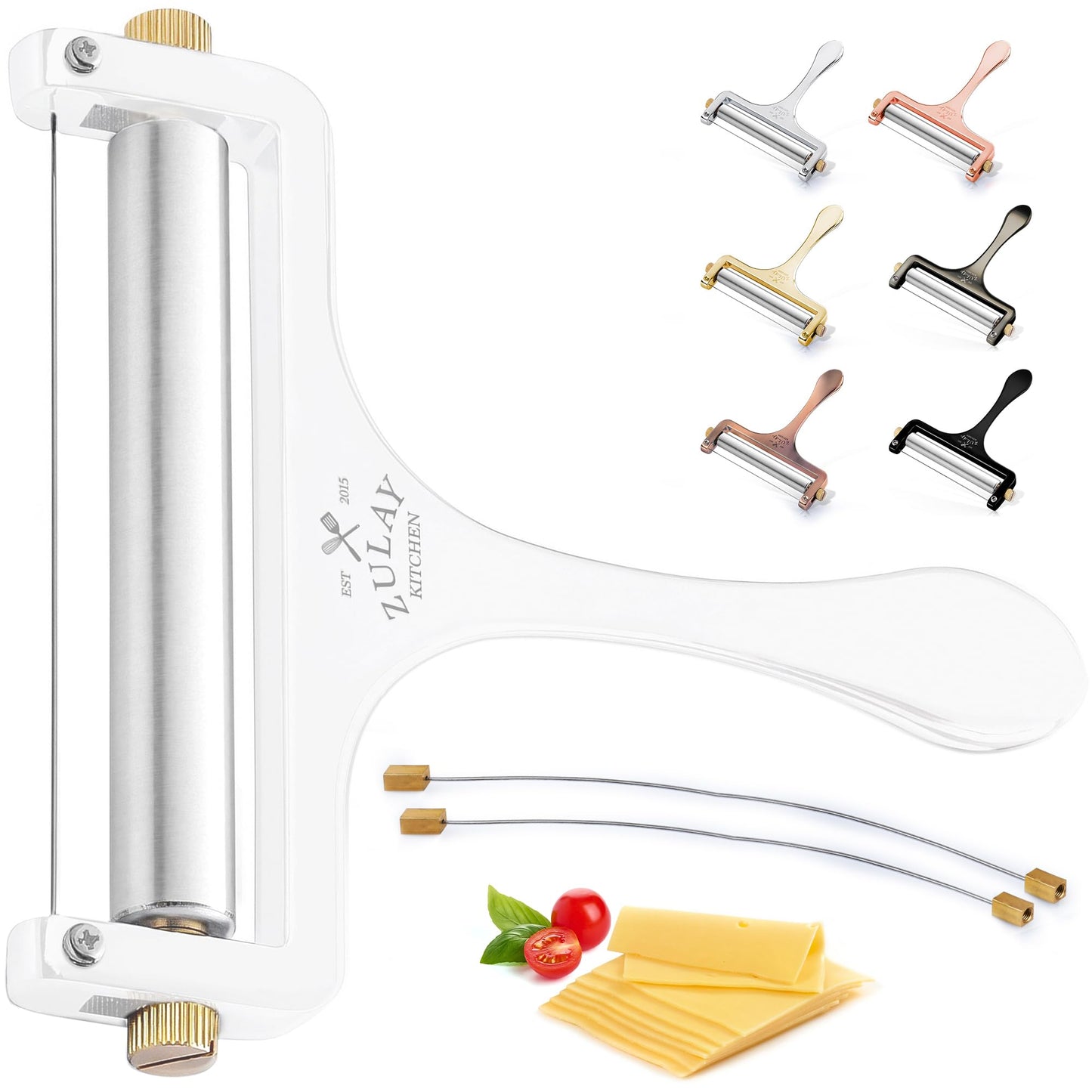 Zulay Kitchen Stainless Steel Wire Cheese Slicer - Adjustable Hand Held Cheese Cutter with 2 Extra Wires - Premium Cheese Shaver For Mozzarella, Cheddar, Gruyere - Cheese Cutter with Wire (White)