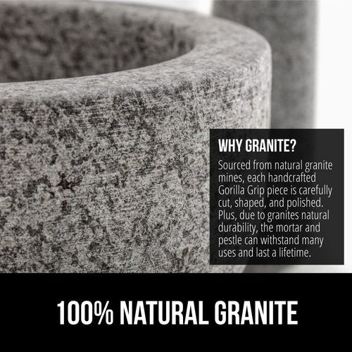 GORILLA GRIP Heavy Duty Mortar and Pestle Set - 100% Granite Stone Guacamole Bowl | 1.5 Cup Gray