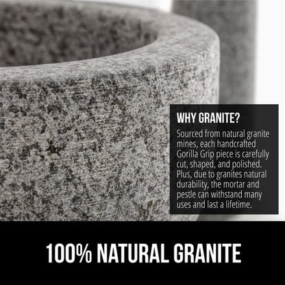 GORILLA GRIP Heavy Duty Mortar and Pestle Set - 100% Granite Stone Guacamole Bowl | 1.5 Cup Gray