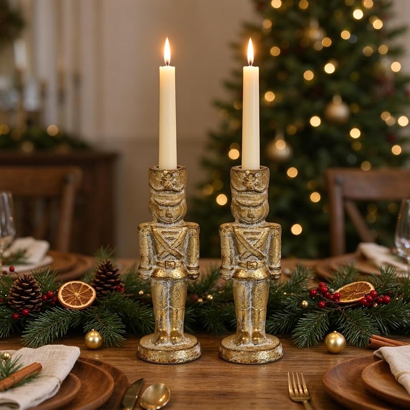 Set of 2 Gold Nutcracker Candle Holders - Handcrafted Iron Christmas Decor (Variation: Gold Nutcracker)