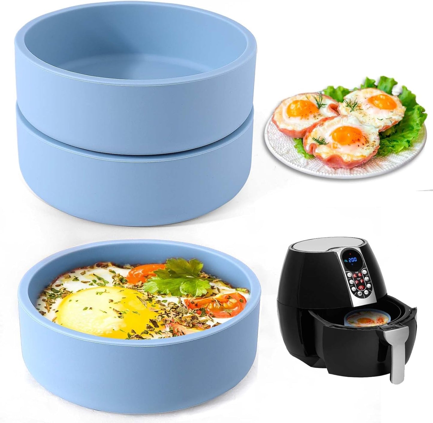 XANGNIER Silicone Egg Bites Pan - 3 Pcs Reusable Nonstick Air Fryer Accessories, BPA Free, Blue