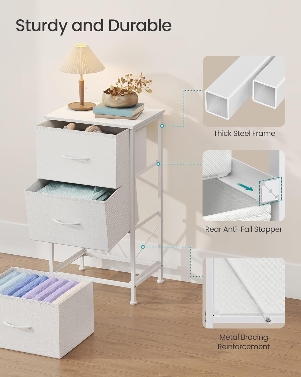 SONGMICS Dresser - Stylish Chest of Drawers with 3 Non-Woven Fabric Bins | Cloud White & Snow White