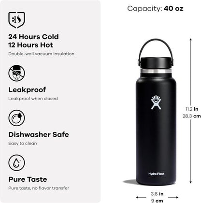 Hydro Flask Water Bottle - Insulated Stainless Steel with Wide Mouth Flex Lid | 40 Oz, Leakproof & Refillable
