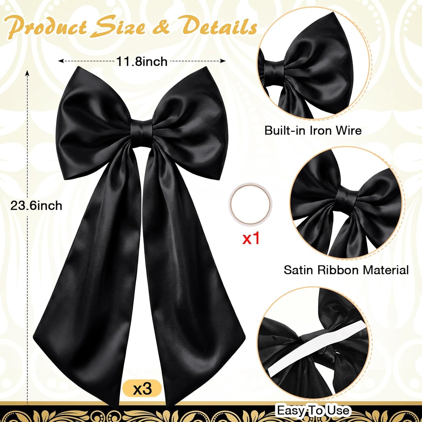 Suncalla Large Satin Bow Decorations - 3 Pcs 2 FT Hanging Wall Decor for Birthdays & Weddings | Black