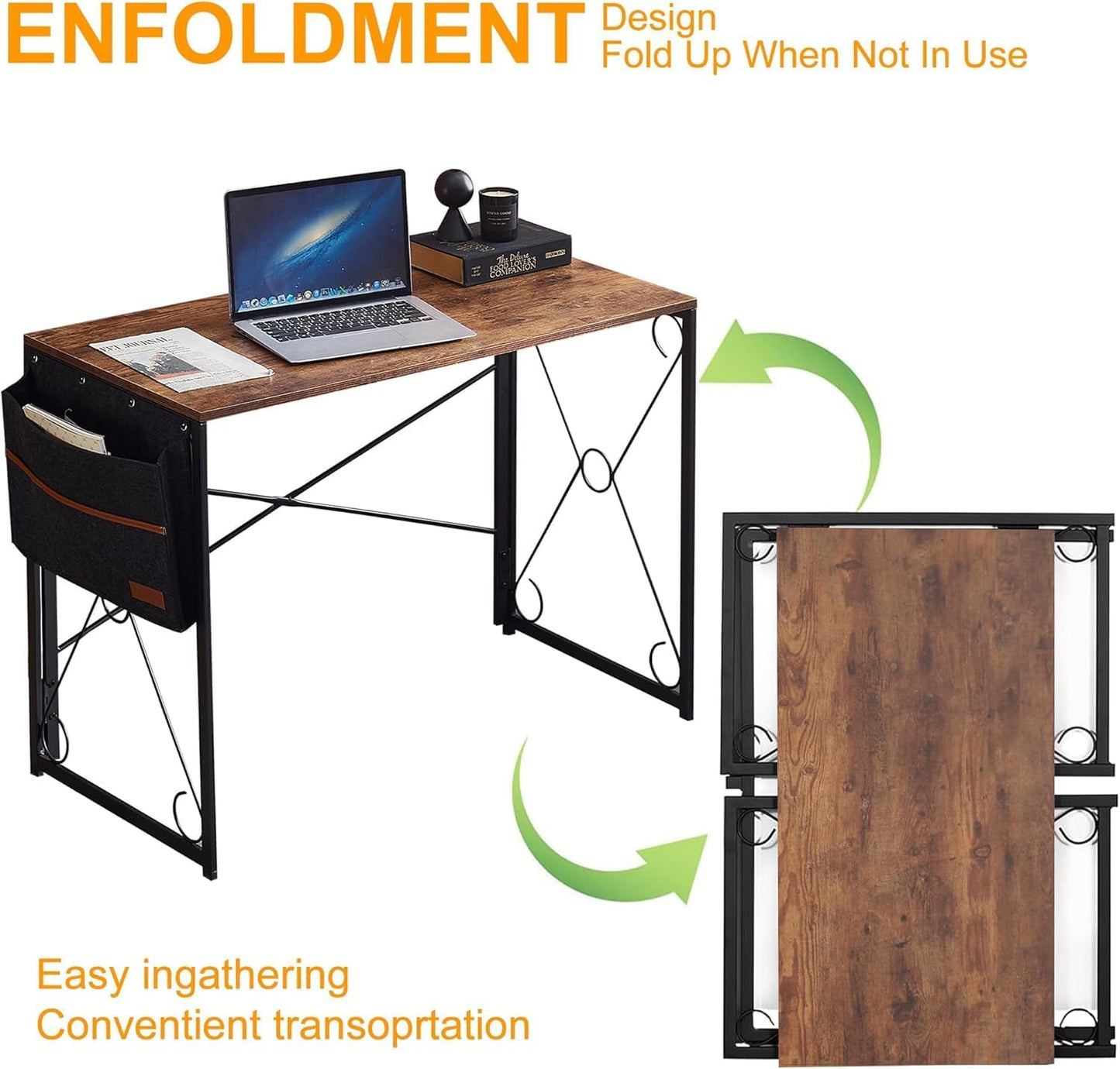 VECELO 39-Inch Folding Desk - Compact Writing Computer Desk for Home Office | Classic Brown Finish