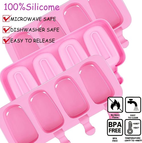 BZIDII Silicone Popsicle Molds Set - 3 Large Oval Molds with 100 Wooden Sticks & Bags | Pink