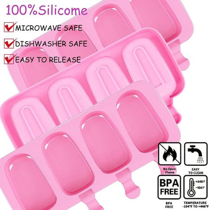 BZIDII Silicone Popsicle Molds Set - 3 Large Oval Molds with 100 Wooden Sticks & Bags | Pink