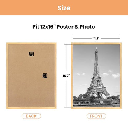 upsimples 12x16 Picture Frame Natural 3 Pack, Scratch-Proof Poster Frames 12 x 16 for Photo Gallery - Slide-In Strips, Horizontal or Vertical Wall Mounting