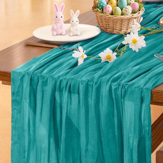 Socomi Teal Blue Cheesecloth Table Runner - 120 Inch Boho Rustic Gauze for Weddings & Parties
