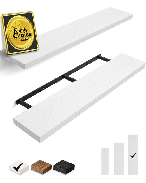 BAYKA Floating Shelves, 48 inches Long Heavy Duty Wall Mounted Rustic Wood Shelves for Bathroom, Bedroom, Living Room, Kitchen, Office, Hanging Shelf for Books/Storage/Decor(White,Set of 2)