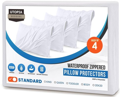 Set of 4 Pillow Protectors with Zipper Standard Size, Bed Bug and Dust Mite Proof Pillow Covers, Ultra Soft Pillow Encasements, Moisture Wicking and Waterproof Pillow Cases by Utopia Bedding (White)