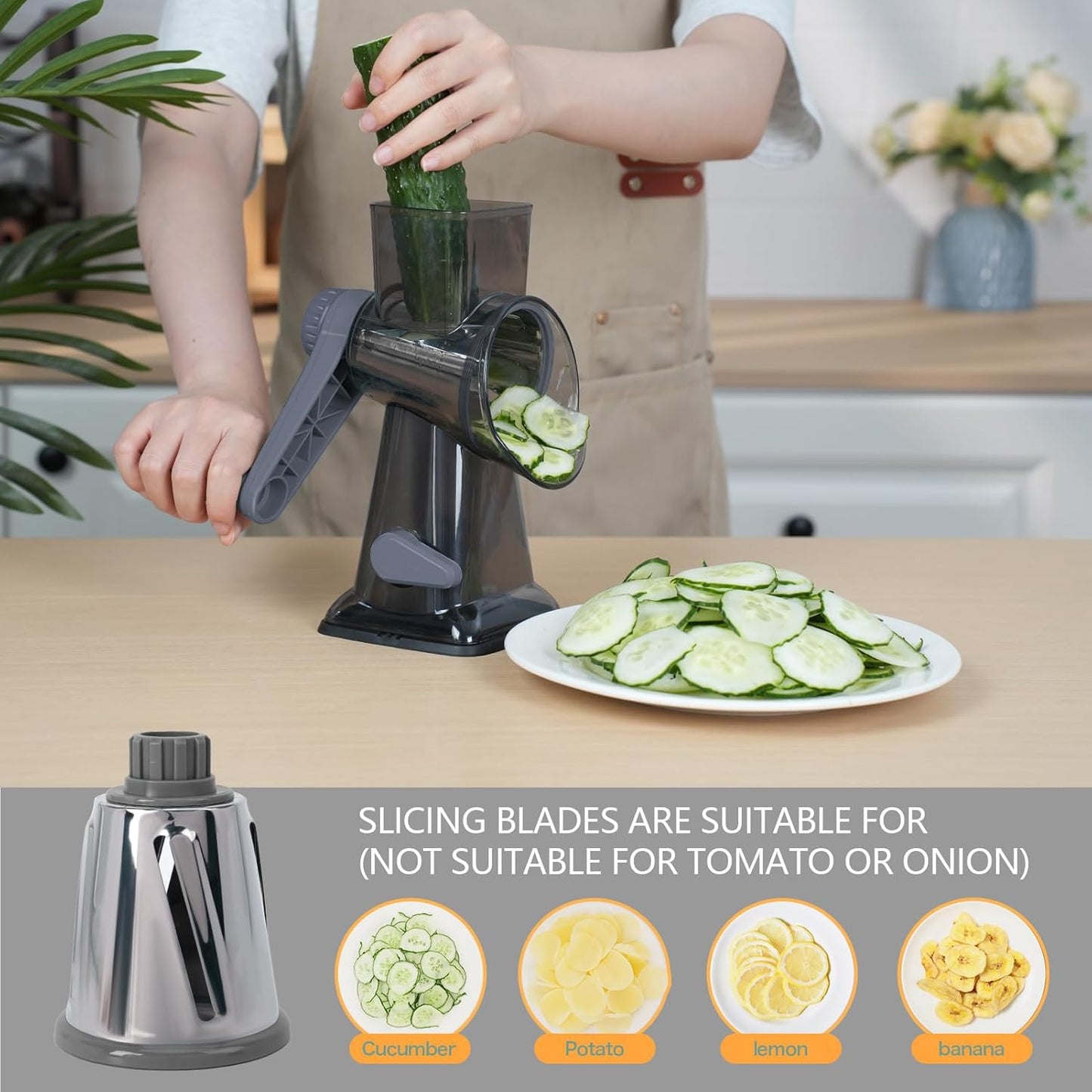 Rotary Cheese Grater by [Brand Name] - Versatile Non-Slip Suction Base | Compact Kitchen Tool for Cheese, Carrots & More (Gray)