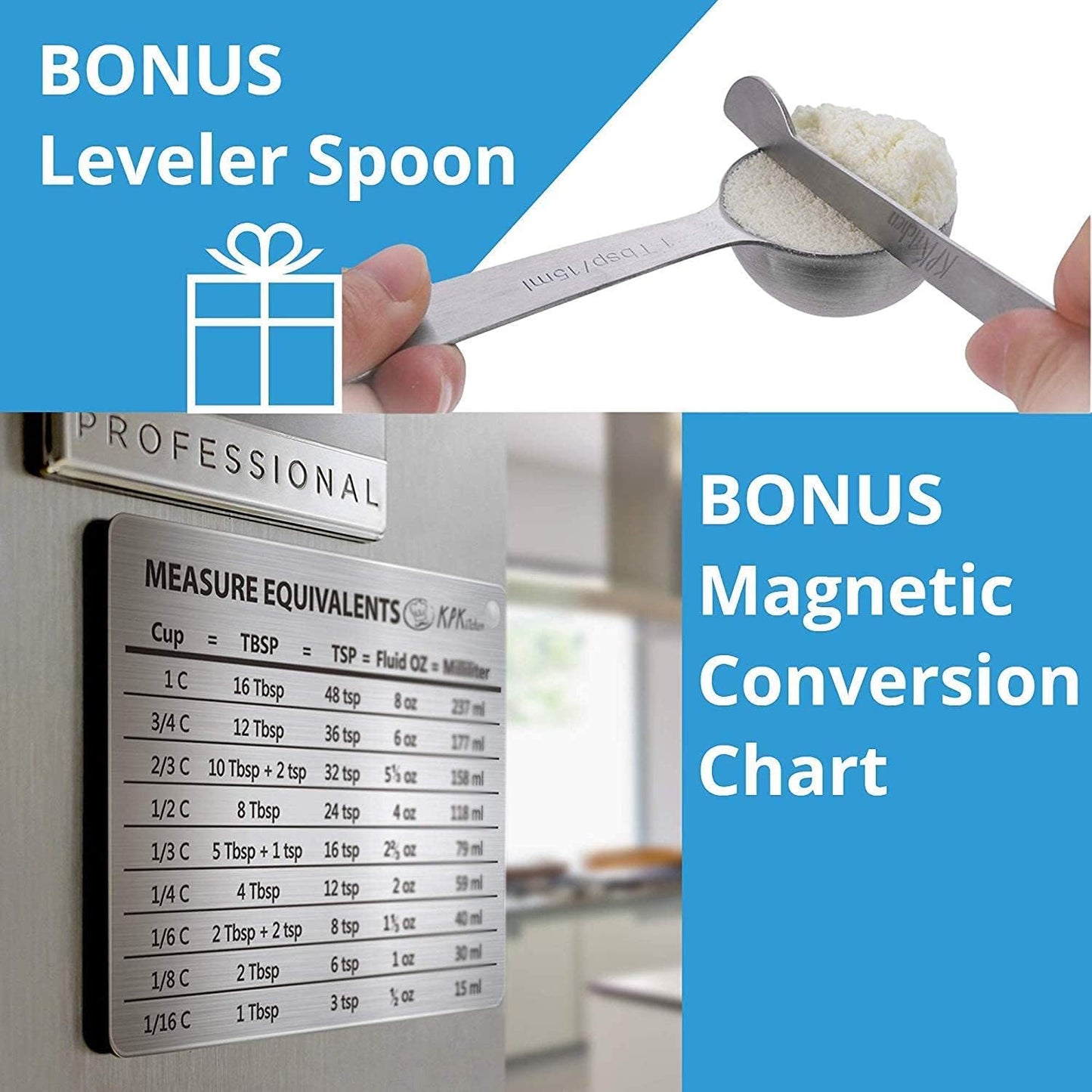 Stainless Steel Measuring Cups Set by Skiennix | 16-Piece Kitchen Set with Conversion Chart & Leveler