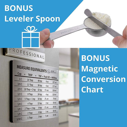 Stainless Steel Measuring Cups Set by Skiennix | 16-Piece Kitchen Set with Conversion Chart & Leveler