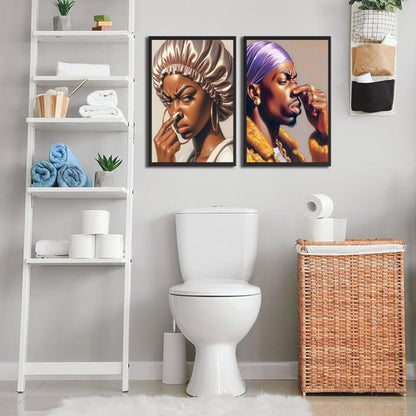 Funny African American Bathroom Wall Art - 2Pcs Canvas Prints with Humorous Pinch Nose Design | Unframed Decor