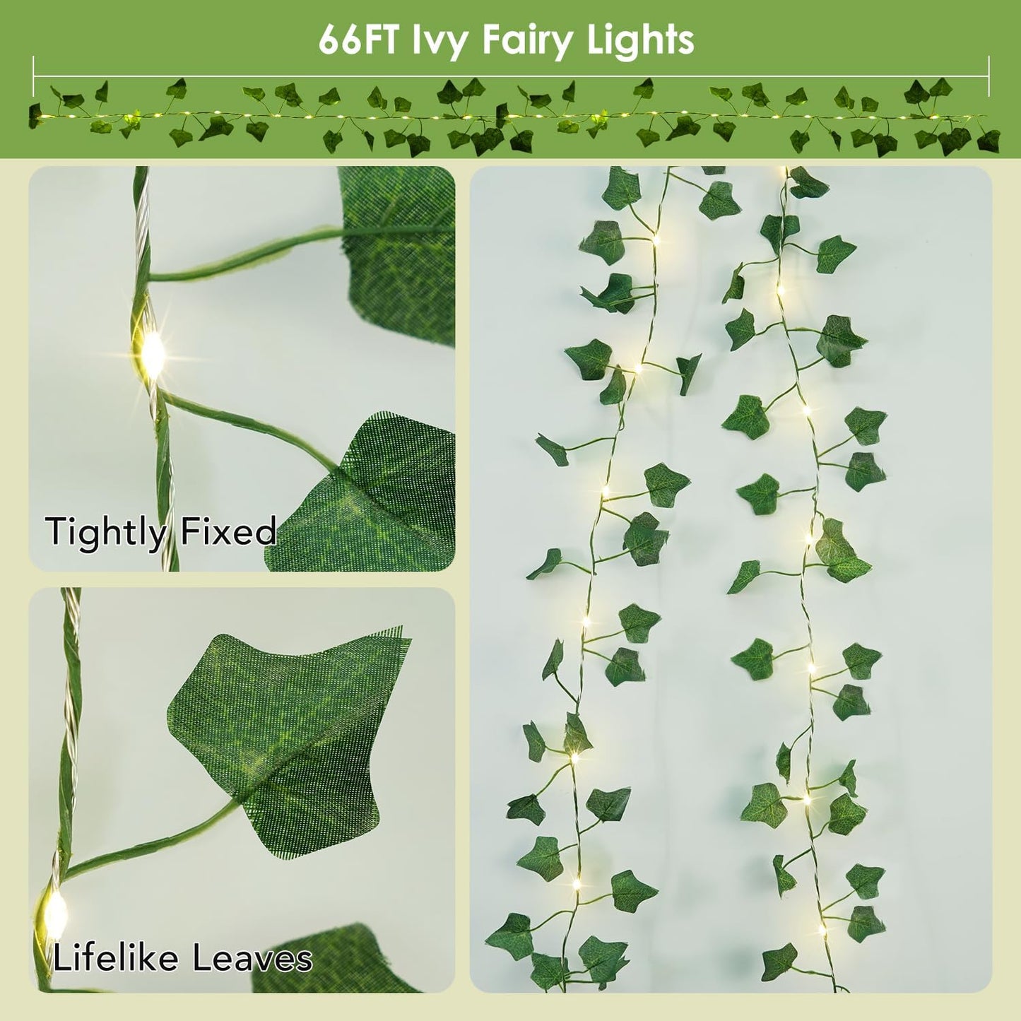 OMIKA 66FT 200 LED Ivy String Lights - Waterproof Fairy Lights with Remote for Bedroom & Garden Decor