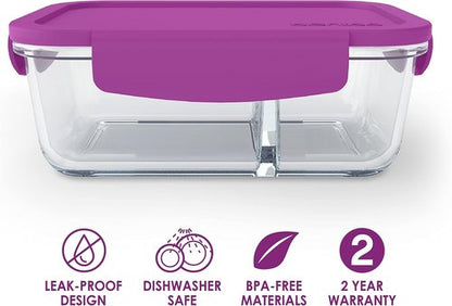 Bentgo® Glass Snack Container - Leak-Proof, Airtight, 2-Compartment Design - 1.75 Cup Capacity (Purple)