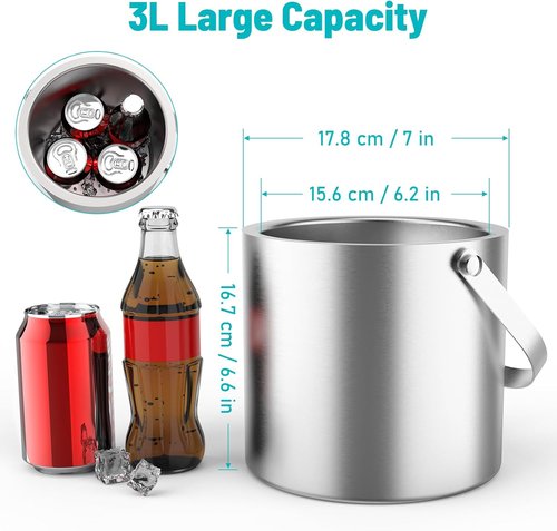 3L Stainless Steel Ice Bucket, Double Wall Insulated Ice Bucket with Lid, Drain Plate, Scoop, Tong for Parties Cocktail Bar