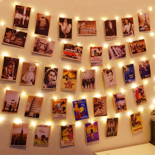 HXWEIYE 50LED Photo String Lights - Warm White 16.4Ft Battery-Powered Fairy Lights with Clips & Hooks for Pictures