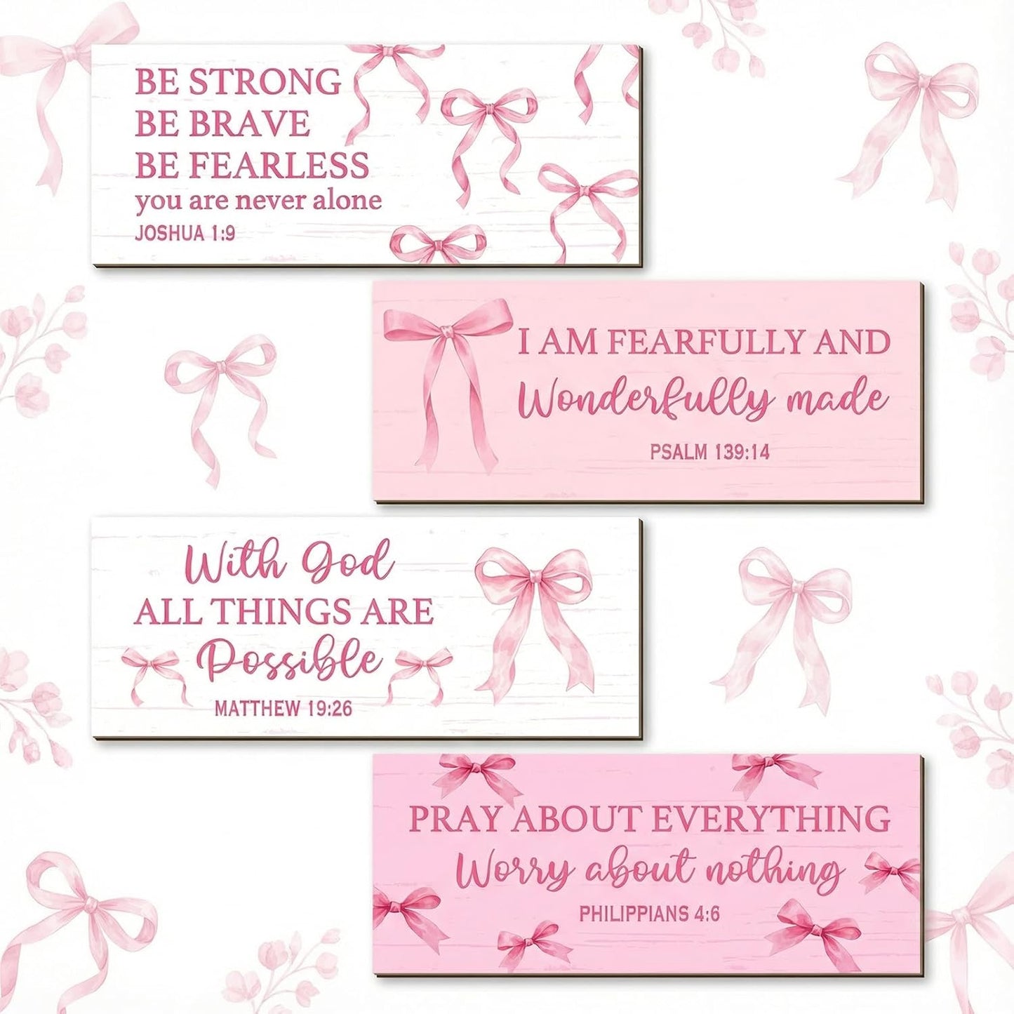 Skiennix 4Pcs Pink Bow Wooden Wall Decor - Cute Christian Art for Teen Girls' Nursery & Bedroom