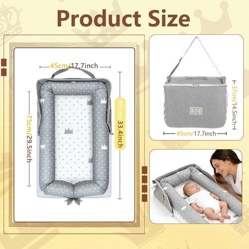 Baby Lounger by Crown | Portable Infant Lounger for Newborns to Toddlers 0-24 Months - Breathable Cotton, Adjustable Size & Travel Strap