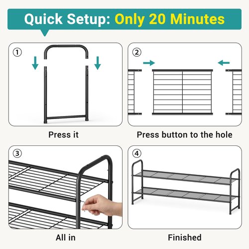 AOODA Long 2 Tier Shoe Rack for Closet Metal Wide Stackable Shoe Storage Organizer for Entryway, Bedroom, Floor, 18-Pairs Low Shoe Shelf, Black