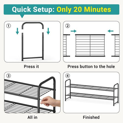 AOODA Long 2 Tier Shoe Rack for Closet Metal Wide Stackable Shoe Storage Organizer for Entryway, Bedroom, Floor, 18-Pairs Low Shoe Shelf, Black