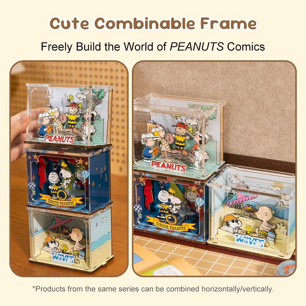 PUREMIND Snoopy Baseball Miniature Wooden Puzzle Kit - Officially Licensed 3D Display with Movable Characters