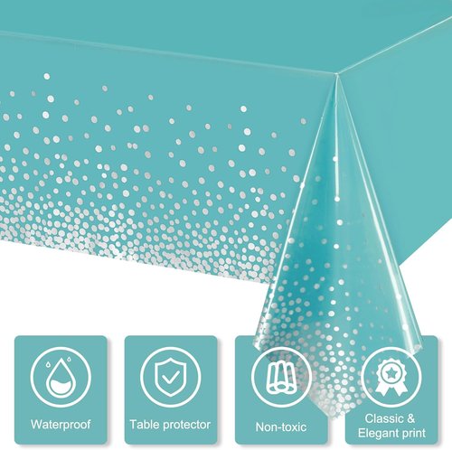 Breling Disposable Tablecloths - Teal Blue & Silver Dot Design for Parties | 54 x 108 Inch
