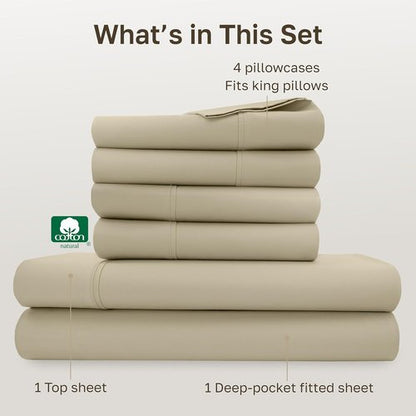 California Design Den King Size Sheets Set - Soft 400 Thread Count Sateen, 100% Cotton, Deep Pockets - Beige
