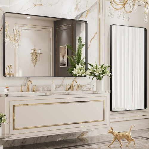 LOAAO Black Metal Framed Bathroom Mirror - 50x30 Inch Large Rounded Rectangle, Anti-Rust Tempered Glass, Versatile Hanging Options