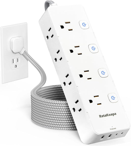 Skiennix 10 Ft Surge Protector Power Strip - 8 AC Outlets & 4 USB Ports | Flat Plug with Individual Switches for Home & Office