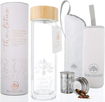 Sacred Lotus Love Double-Walled Glass Tea Tumbler - 15oz Infuser for Loose Leaf Tea & Travel Sleeve