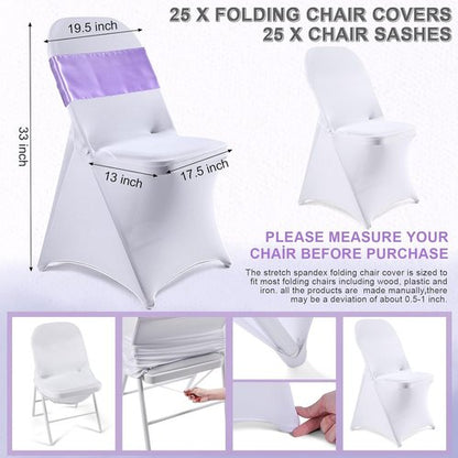 Lounsweer Folding Chair Cover Set - 50 Pcs with Stretch Spandex Slipcovers & Satin Sashes | White & Lavender