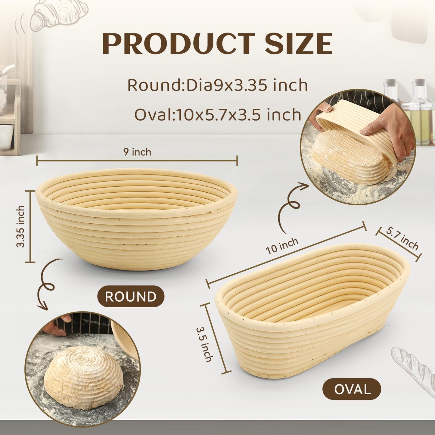 Banneton Bread Proofing Baskets set of 2, 9inch Round & 10inch Oval Sourdough Proofing Basket, Natural Handmade Rattan Basket with Bread Making Tools kit,Covers,Scoring Lame,Scraper,Brush,Dough Whisk.