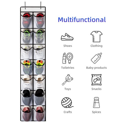 KEEPJOY Over the Door Shoe Organizer, Hanging Shoe Organizer with 4 Hooks, Shoe Holder with 14 Mesh Pockets Closet Door Shoe Storage Bag (White-2Pack)
