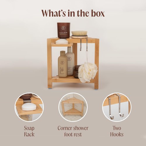 ATALIA Corner Shower Stool for Inside Shower - Waterproof Bamboo Shower Foot Rest for Shaving Legs - Small Shower Stool Shower Bench for Inside Shower with Storage Shelf for Small Shower Spaces