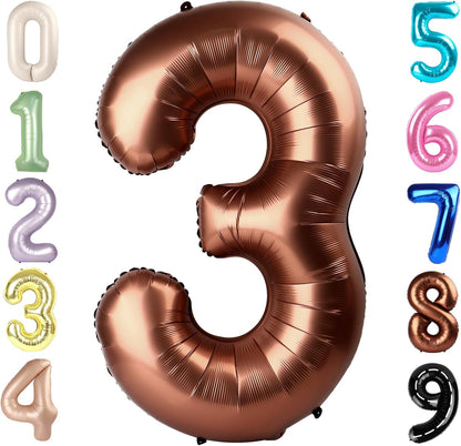 Numbers Balloon 3 - 40 Inch Large Coffee Brown Balloon for 3rd Birthday Party Decor