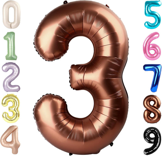 Numbers Balloon 3 - 40 Inch Large Coffee Brown Balloon for 3rd Birthday Party Decor