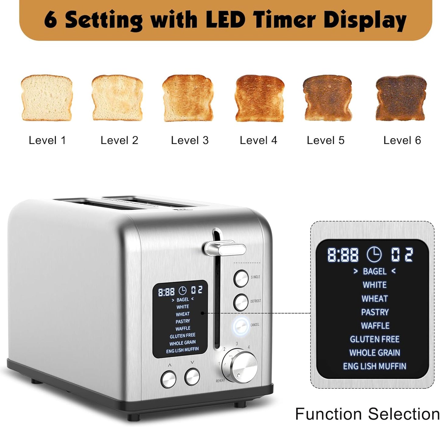 Skiennix 2-Slice Bagel Toaster - Stainless Steel with LED Timer & 6 Browning Levels, 825W