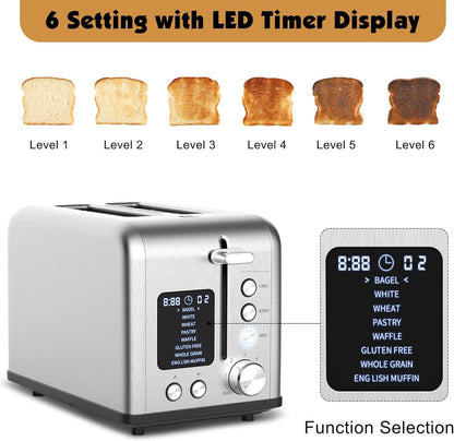 Skiennix 2-Slice Bagel Toaster - Stainless Steel with LED Timer & 6 Browning Levels, 825W