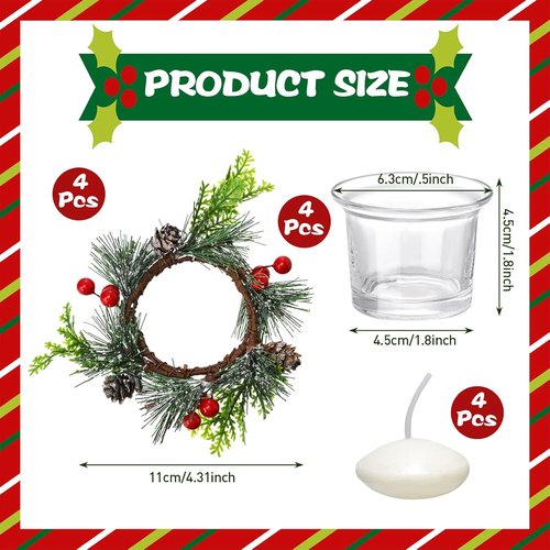 Dingion 12-Piece Christmas Votive Candle Holder Set - Decorative Glass Tealight Holders with Berry Rings for Holiday Table Centerpiece