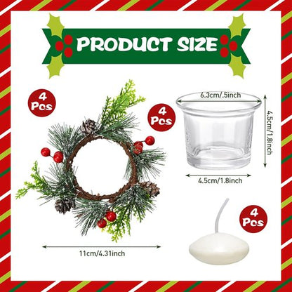 Dingion 12-Piece Christmas Votive Candle Holder Set - Decorative Glass Tealight Holders with Berry Rings for Holiday Table Centerpiece