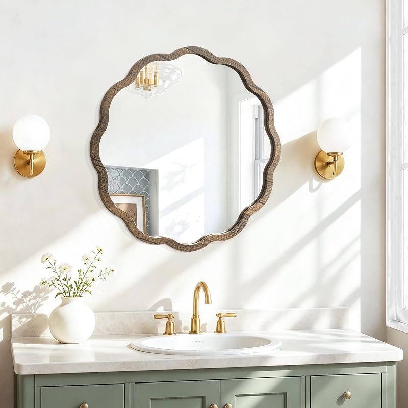 Circle Wall Mirror with Wavy Tan Wood Frame 16" – JJUUYOU Viantge