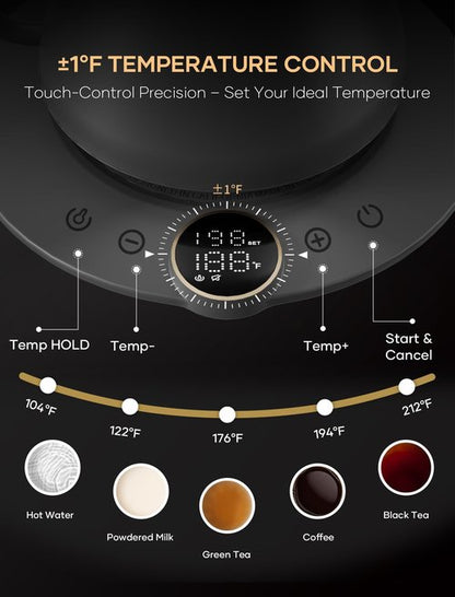 Electric Kettles, Cocinare Gooseneck Electric Kettle, ±1℉ Temperature Control, Stainless Steel Inner, Quick Heating, for Pour Over Coffee, Brew Tea, Boil Hot Water, 0.9L (Wood)