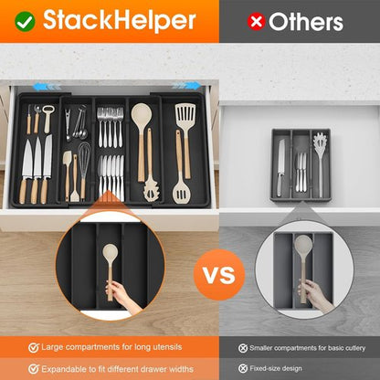 Large Silverware Organizer - Expandable Utensil Drawer Tray | BPA-Free Cutlery Storage in Black
