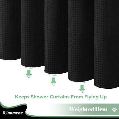 Dynamene Fabric Shower Curtain with Snap in Liner, Black Waffle Hotel Shower Curtains for Bathroom, Washable Waterproof Cloth Shower Curtain Liner Set with Plastic Hooks, Mesh Top Window, 72x72